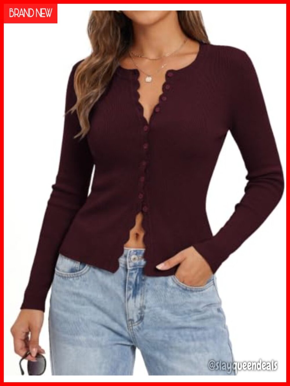 Womens Cropped Cardigan Button Up Scalloped Fall Outfit Lightweight Knit